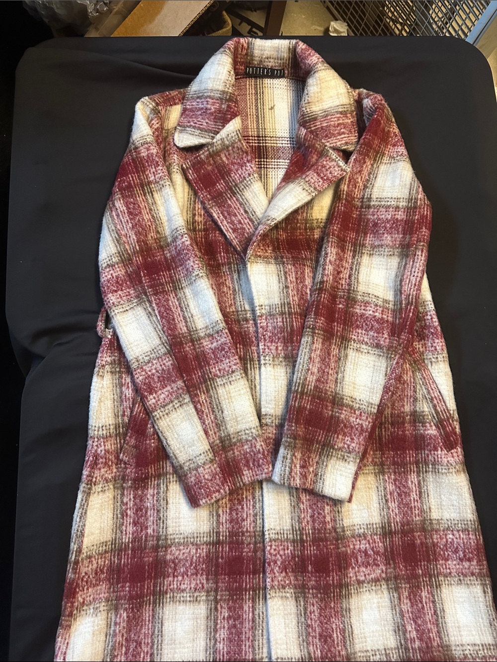 Potter's Pot Plaid Pea Coat in Burgundy and Cream no belt